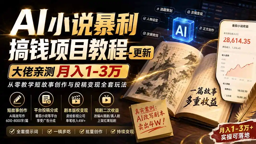 AI小说短故事暴利搞钱项目教程-更新，大佬亲测月入1-3万，从零教学短故事创作与投稿变现全套玩法-二当家网创资源站