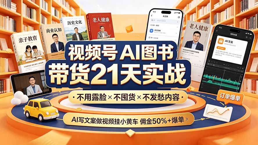 视频号AI图书带货21天实战：不用露脸×不囤货×不发愁内容，AI写文案做视频挂小黄车，佣金50%+爆单-二当家网创资源站