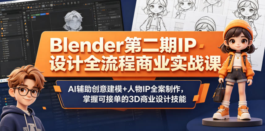 Blender第二期IP设计全流程商业实战课，AI辅助创意建模+人物IP全案制作，掌握可接单的3D商业设计技能-二当家网创资源站