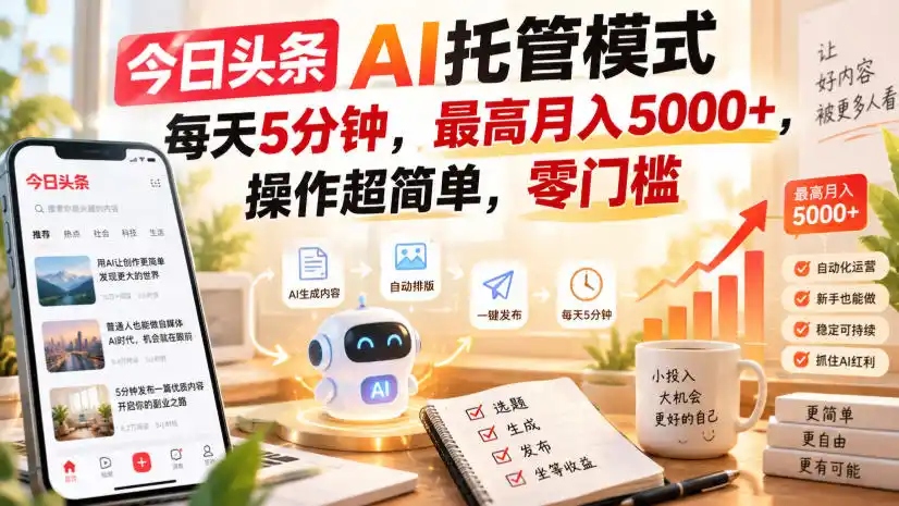 今日头条AI托管模式，每天5分钟，最高月入5000+，操作超简单，零门槛【揭秘】-二当家网创资源站