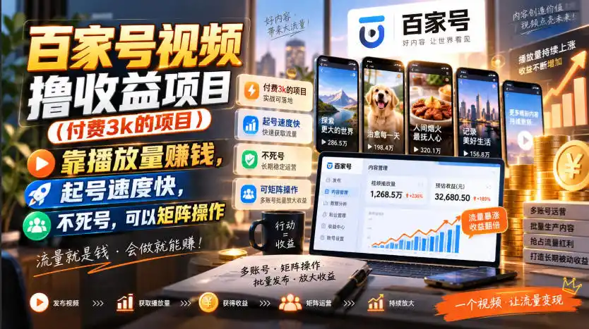百家号视频撸收益项目(付费3k的项目)，靠播放量賺钱，起号速度快，不死号，可以矩阵操作-二当家网创资源站