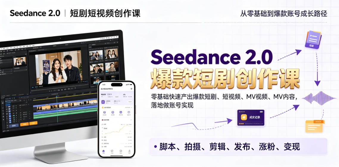 Seedance 2.0短剧短视频创作课,零基础快速产出爆款短剧、短视频、MV内容,落地做账号实现变现-二当家网创资源站