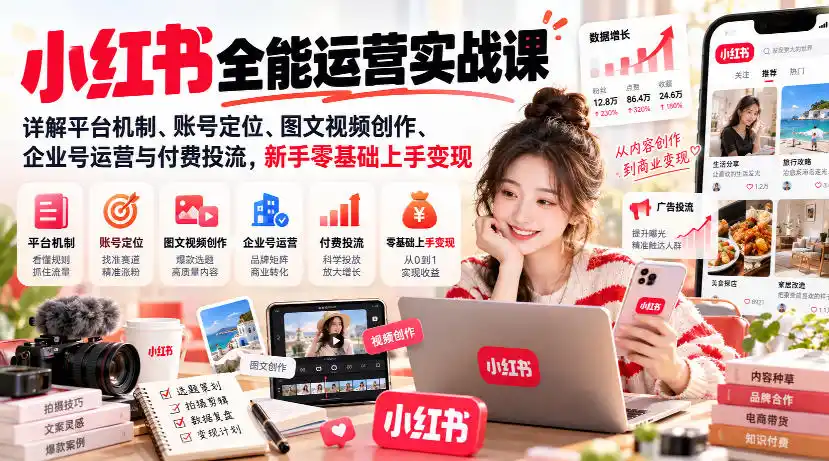 小红书全能运营实战课,详解平台机制、账号定位、图文视频创作、企业号运营与付费投流,新手零基础上手变现-二当家网创资源站
