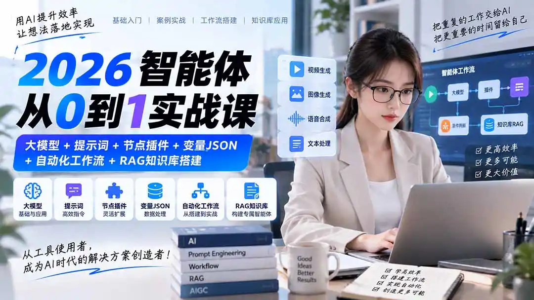 2026智能体从0到1实战课|大模型+提示词+节点插件+变量JSON+自动化工作流+RAG知识库搭建-二当家网创资源站