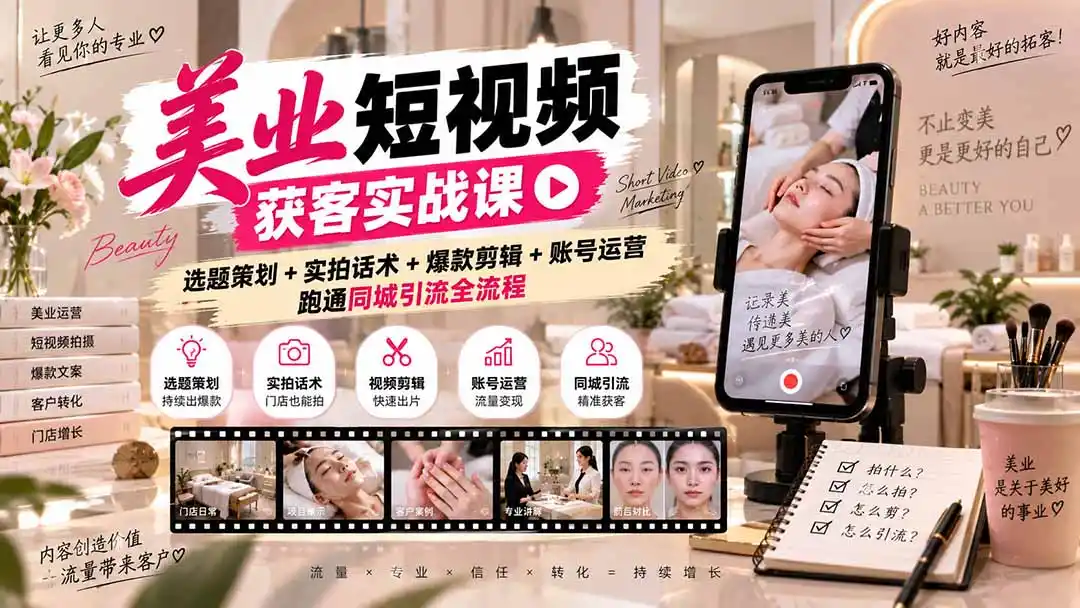 美业短视频获客实战课-无水印:选题策划+实拍话术+爆款剪辑+账号运营,跑通同城引流全流程-二当家网创资源站