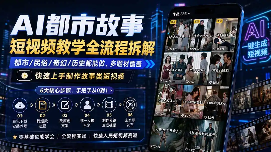 AI都市故事短视频教学全流程拆解;都市/民俗/奇幻/历史都能做多题材覆盖,快速上手制作故事类短视频-二当家网创资源站