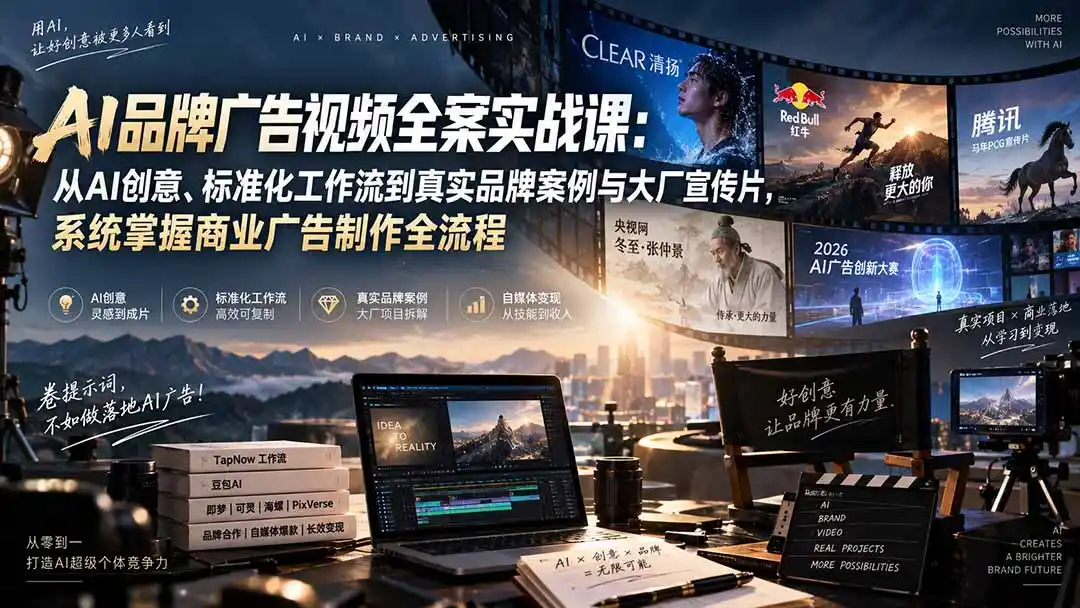 AI品牌广告视频全案实战课:从AI创意、标准化工作流到真实品牌案例与大厂宣传片,系统掌握商业广告制作全流程-二当家网创资源站