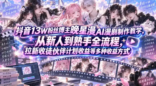 抖音13W粉丝博主晚星漫AI漫剧制作教学，从新人到熟手全流程，拉新收徒伙伴计划收益等多种收益方式，单日1K+-二当家网创资源站