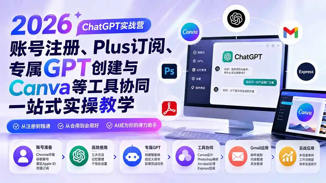 2026 ChatGPT实战营；账号注册、Plus订阅、专属GPT创建与Canva等工具协同一站式实操教学-二当家网创资源站