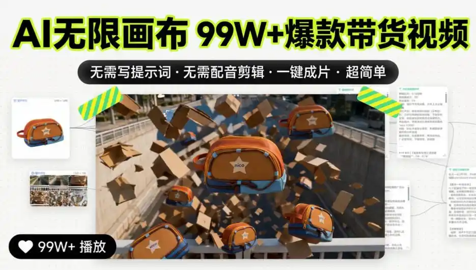 AI无限画布99W+爆款带货视频,无需写提示词·无需配音剪辑·一键成片·超简单-二当家网创资源站