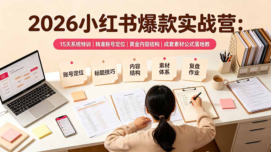 2026小红书爆款实战营:15天系统特训|精准账号定位|黄金内容结构|成套素材公式落地教程-二当家网创资源站