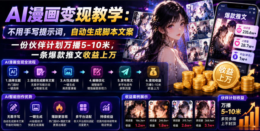 AI漫画变现教学:不用手写提示词,自动生成脚本文案,一份伙伴计划万播5-10米,一条爆款推文收益上W-二当家网创资源站