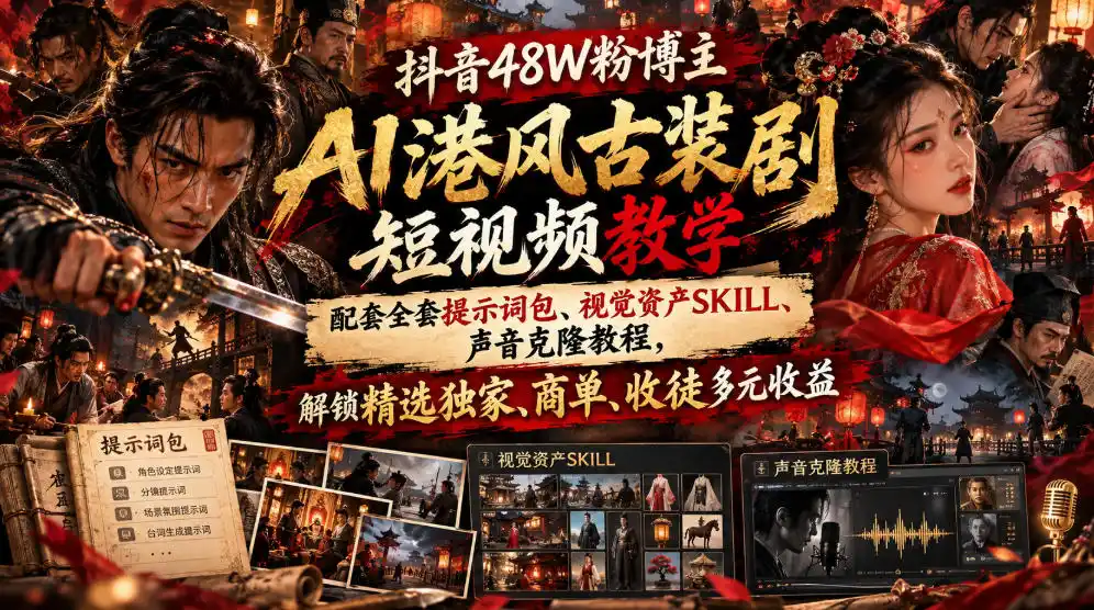 抖音48W粉博主AI港风古装剧短视频教学,配套全套提示词包、视觉资产SKILL、声音克隆教程,解锁精选独家、商单、收徒多元收益-二当家网创资源站