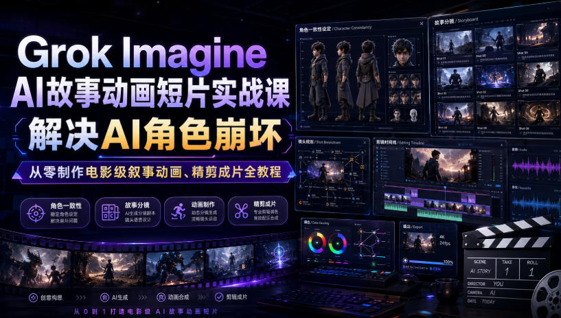 Grok Imagine AI故事动画短片实战课|解决AI角色崩坏,从零制作电影级叙事动画、精剪成片全教程(中英字幕)-二当家网创资源站