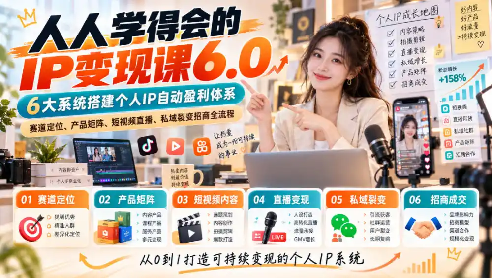 人人学得会的IP变现课6.0,6大系统搭建个人IP自动盈利体系,赛道定位、产品矩阵、短视频直播、私域裂变招商全流程-二当家网创资源站