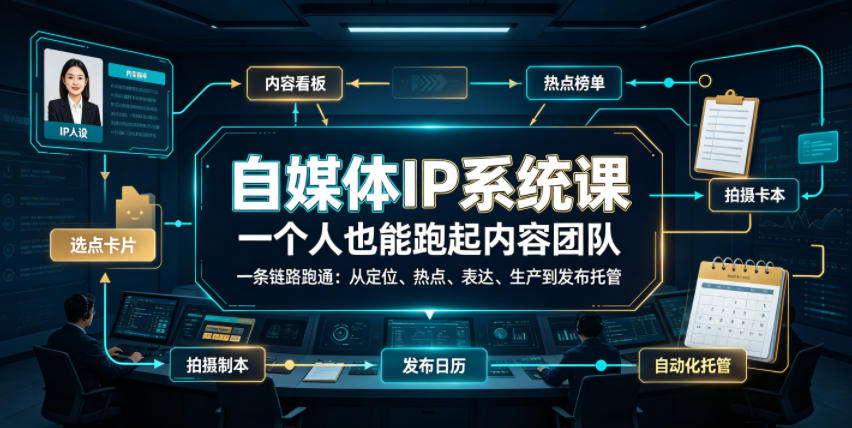 自媒体IP系统课，一个人也能跑起内容团队，一条链路跑通，从定位、热点、表达、生产到发布托管-二当家网创资源站