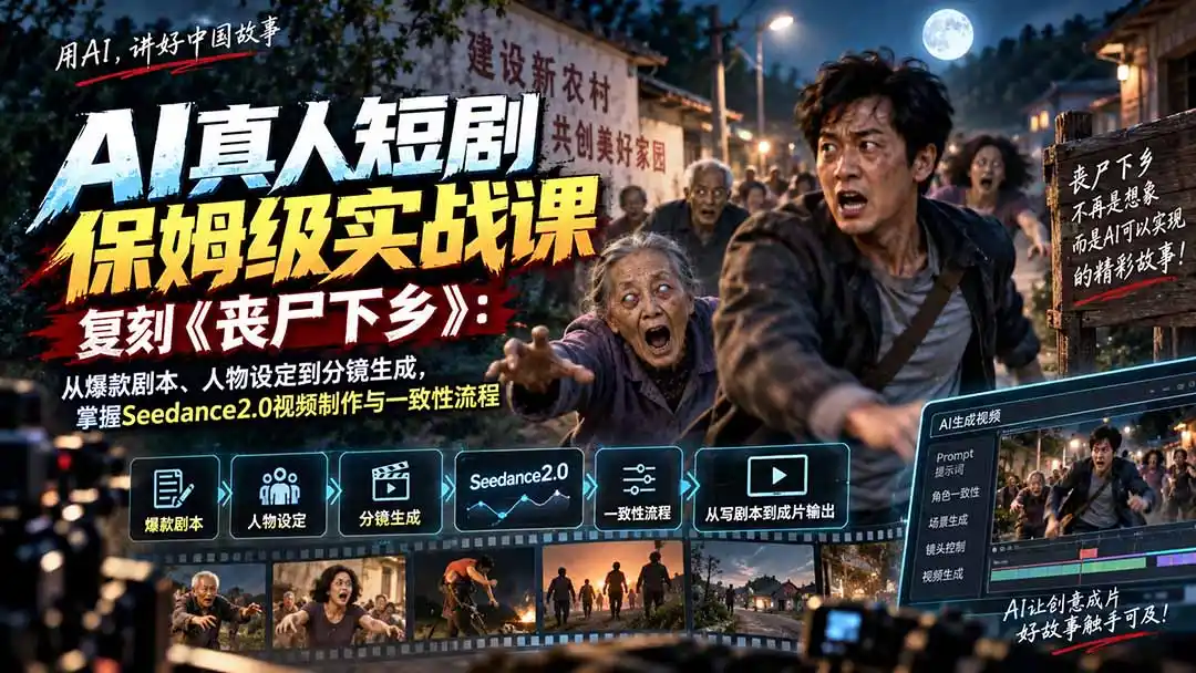 AI真人短剧保姆级实战课，复刻《丧尸下乡》：从爆款剧本、人物设定到分镜生成，掌握Seedance2.0视频制作与一致性流程-二当家网创资源站