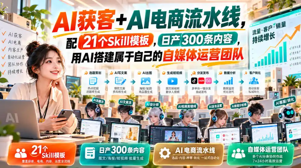 AI获客+AI电商流水线,配21个Skill模板,日产300条内容,用AI搭建属于自己的自媒体运营团队-二当家网创资源站