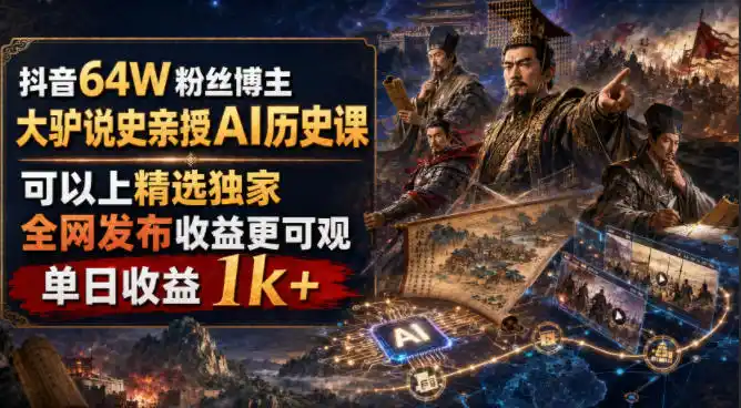 抖音64W粉丝博主大驴说史亲授AI历史课,可以上精选独家,全网发布收益更可观,单日收益1k+(更新)-二当家网创资源站