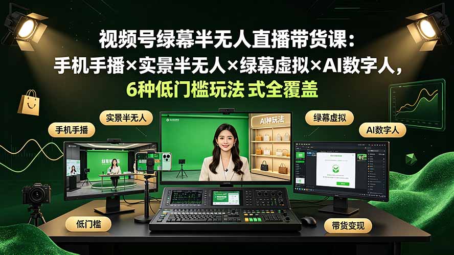 视频号绿幕半无人直播带货课:手机手播×实景半无人×绿幕虚拟×AI数字人,6种低门槛玩法全覆盖-二当家网创资源站