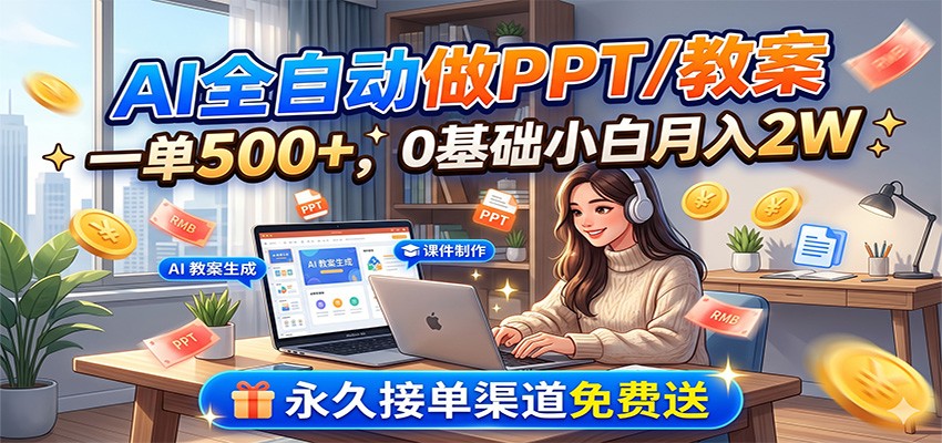 AI全自动做PPT/教案，一单500+，0基础小白月入2W，永久接单渠道免费送-二当家网创资源站