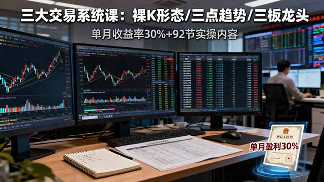 三大交易系统课：裸K形态/三点趋势/三板体系，单月收益率30%+92节实操内容-二当家网创资源站
