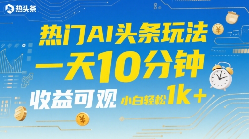 热门AI头条玩法，一天10分钟，收益可观，小白轻松日入1k+【揭秘】-二当家网创资源站