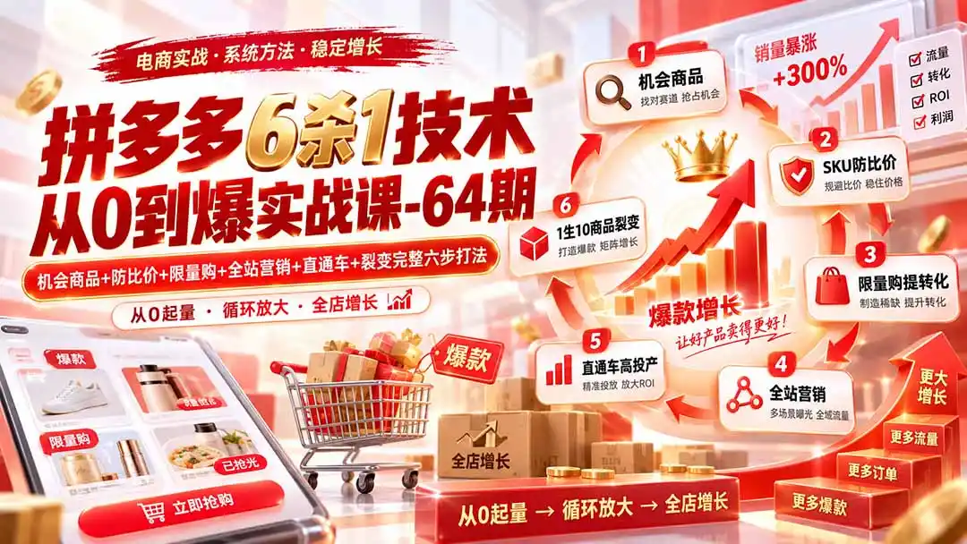 拼多多6杀1技术从0到爆实战课-64期:机会商品+防比价+限量购+全站营销+直通车+裂变完整六步打法-二当家网创资源站