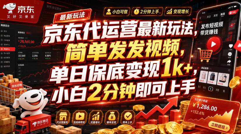 京东代运营最新玩法,简单发发视频,单日保底变现1k+,小白2分钟即可上手【揭秘】-二当家网创资源站