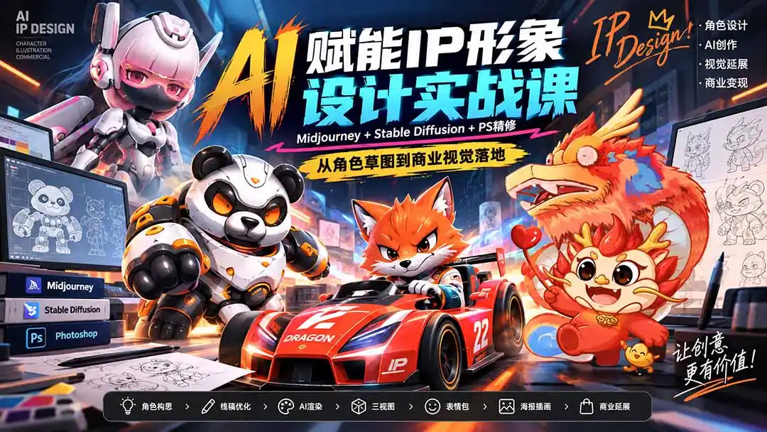 AI赋能IP形象设计实战课-无水印：Midjourney+Stable Diffusion+PS精修，从角色草图到商业视觉落地-二当家网创资源站