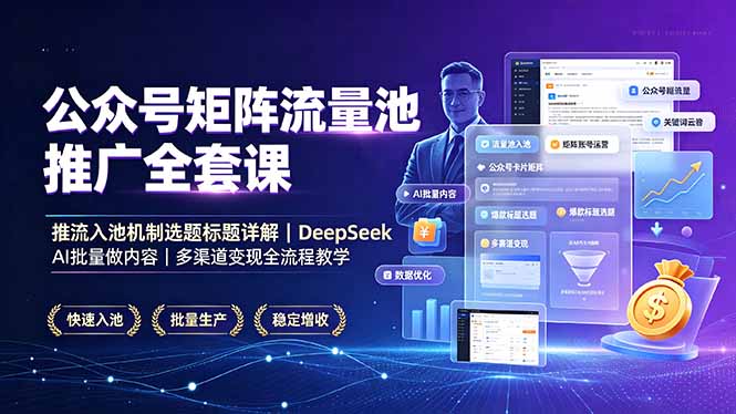 公众号矩阵流量池推广全套课,推流入池机制选题标题详解,DeepSeek AI批量做内容,多渠道变现全流程教学-二当家网创资源站