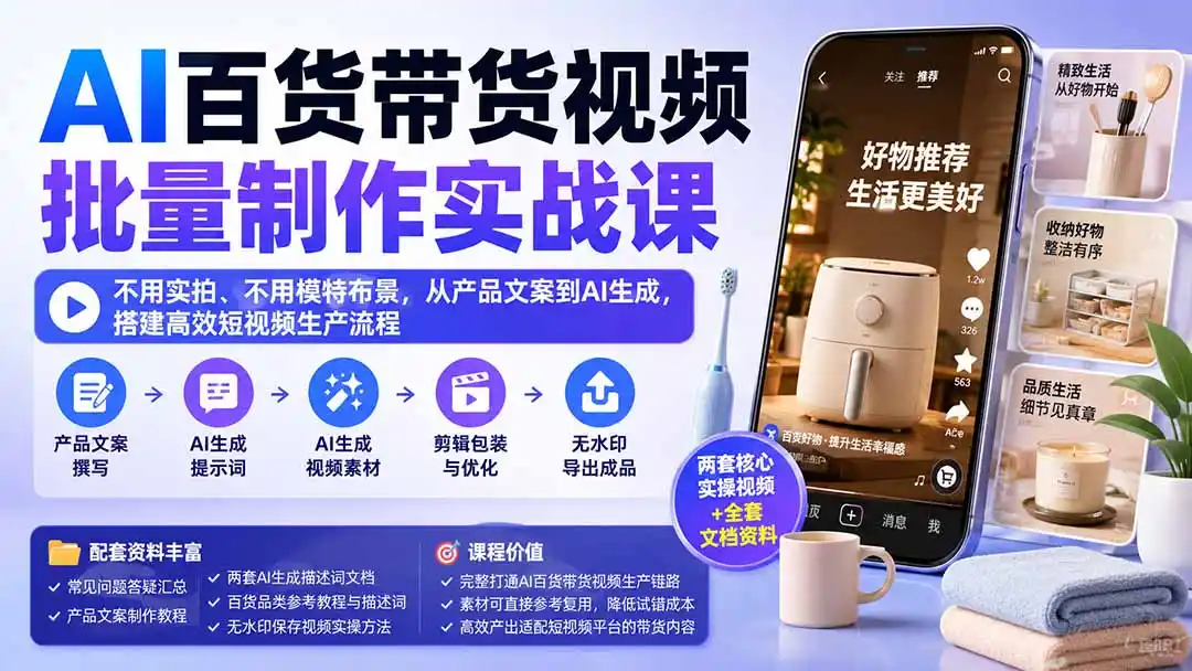 AI百货带货视频批量制作实战课:不用实拍、不用模特布景,从产品文案到AI生成,搭建高效短视频生产流程-二当家网创资源站