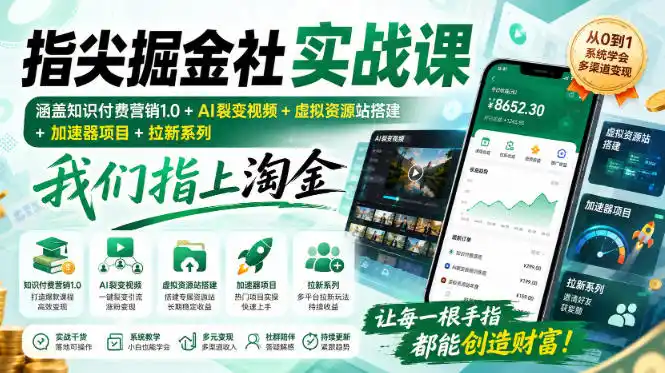 指尖掘金社实战课，涵盖知识付费营销1.0+AI裂变视频+虚拟资源站搭建+加速器项目+拉新系列，我们指上淘金！-二当家网创资源站