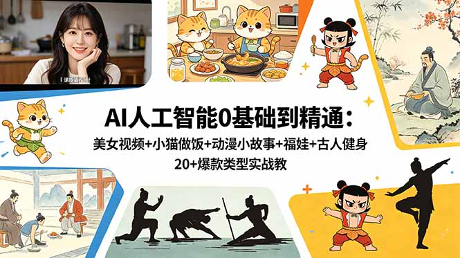 AI人工智能0基础到精通:美女视频+小猫做饭+动漫小故事+福娃+古人健身,20+爆款类型实战教学-二当家网创资源站