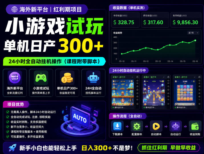 海外新平台，小游戏试玩，单机日产300+，24小时全自动挂G操作(课程附带脚本)【揭秘】-二当家网创资源站