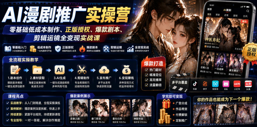 AI漫剧推广实操营|零基础低成本制作、正版授权、爆款剧本、剪辑运镜全变现实战课-二当家网创资源站