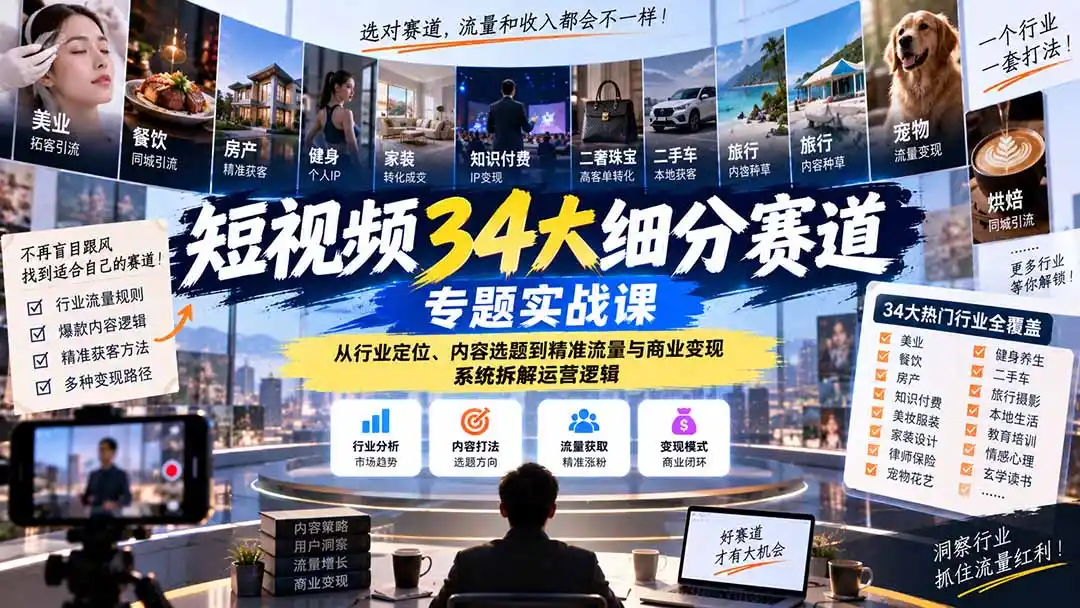 短视频34大细分赛道专题实战课:从行业定位、内容选题到精准流量与商业变现,系统拆解运营逻辑-二当家网创资源站