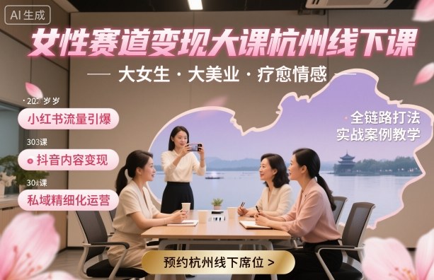 女性赛道变现大课杭州线下，大女生，大美业，疗愈情感，一套小红书、抖音、私域全链路打法-二当家网创资源站