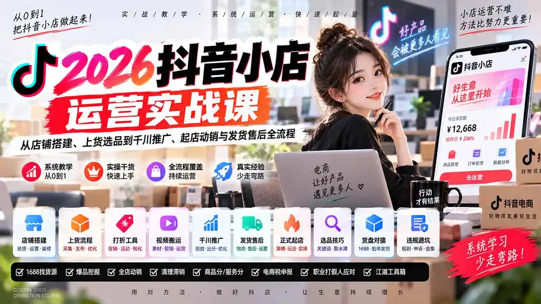 2026抖音小店运营实战课｜从店铺搭建、上货选品到千川推广、起店动销与发货售后全流程-二当家网创资源站