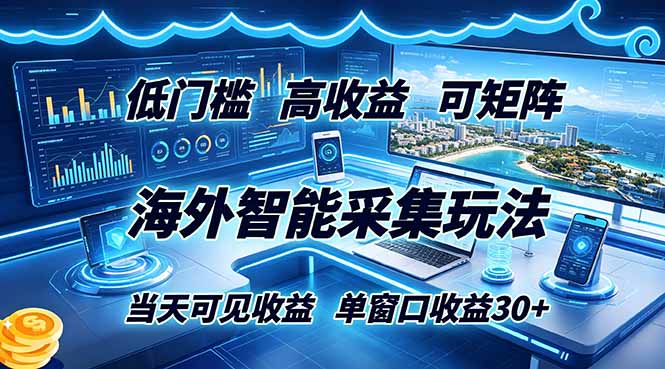 海外智能采集玩法,低门槛高单价可矩阵,当天可见收益,单窗口30+-二当家网创资源站
