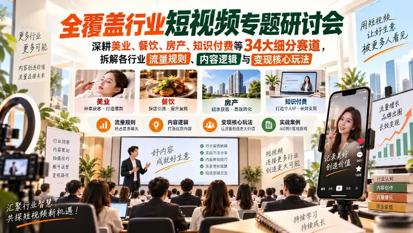 短视频专题研讨会,深耕美业、餐饮、房产、知识付费等34大细分赛道,拆解各行业流量规则、内容逻辑与变现核心玩法-二当家网创资源站