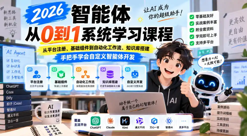 2026智能体从0到1系统学习课程,从平台注册、基础组件到自动化工作流、知识库搭建,手把手学会自定义智能体开发-二当家网创资源站