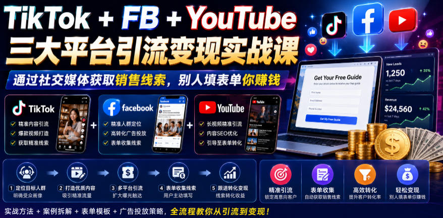 TikTok+FB+YouTube三大平台引流变现实战课,通过社交媒体获取销售线索,别人填表单你賺钱【原创双语字幕】-二当家网创资源站