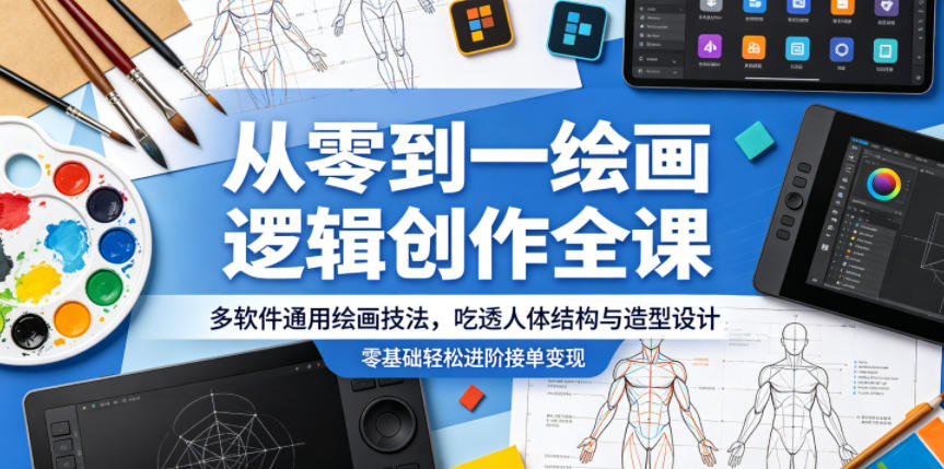 从零到一绘画逻辑创作全课，多软件通用绘画技法，吃透人体结构与造型设计，零基础轻松进阶接单变现-二当家网创资源站