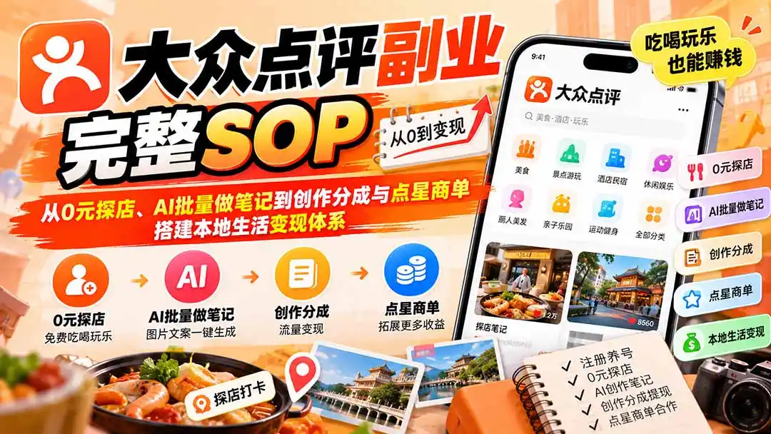 【无水印】大众点评副业完整SOP:从0元探店、AI批量做笔记到创作分成与点星商单,搭建本地生活变现体系-二当家网创资源站