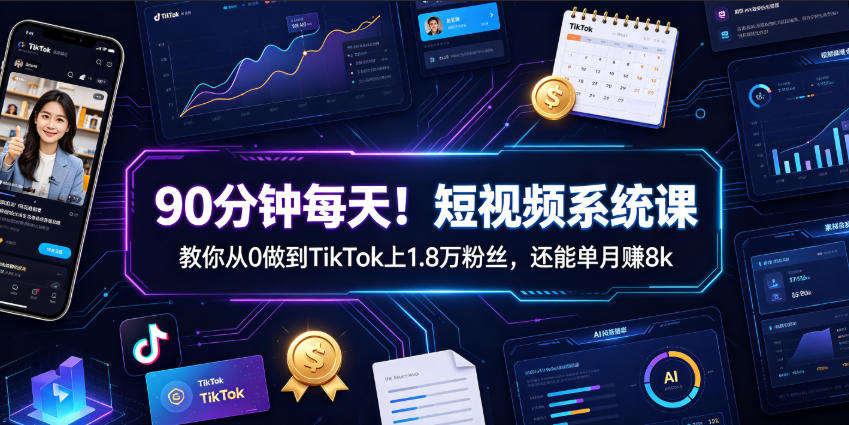90分钟每天!短视频系统课教你从0做到TikTok上1.8万粉丝,还能单月賺8k【原创双语字幕】-二当家网创资源站