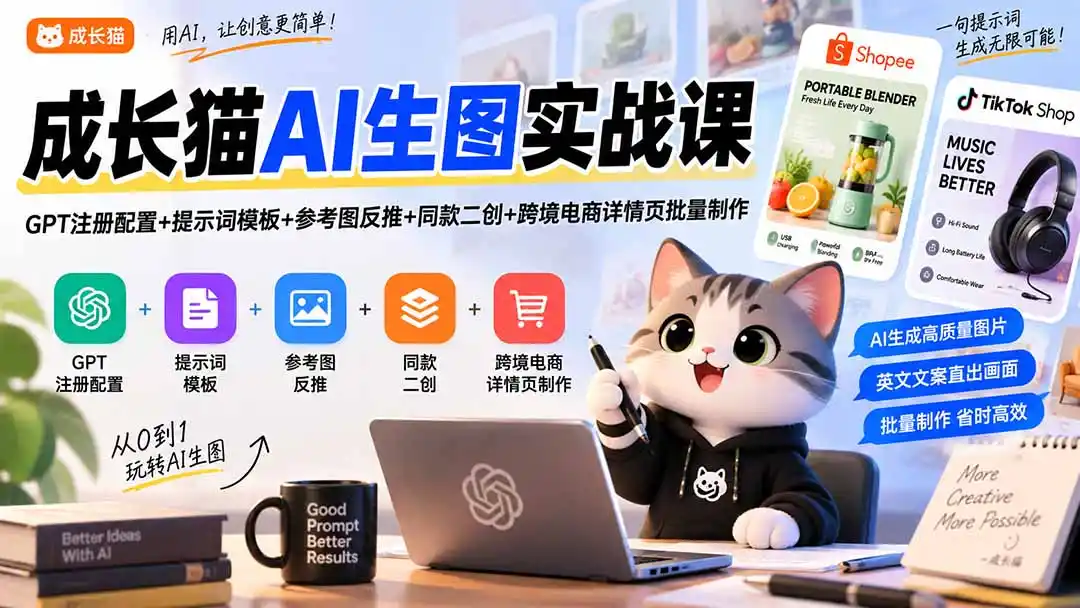 成长猫AI生图实战课|GPT注册配置+提示词模板+参考图反推+同款二创+跨境电商详情页批量制作-二当家网创资源站