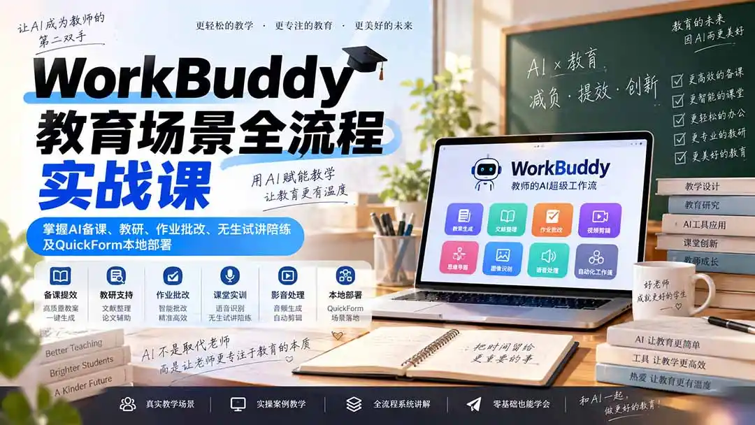 WorkBuddy教育场景全流程实战课：掌握AI备课、教研、作业批改、无生试讲陪练及QuickForm本地部署-二当家网创资源站