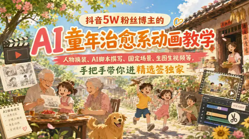 抖音5W粉丝博主的AI童年治愈系动画教学,人物换装、AI脚本撰写、固定场景、生图生视频等,手把手带你进精选签独家-二当家网创资源站