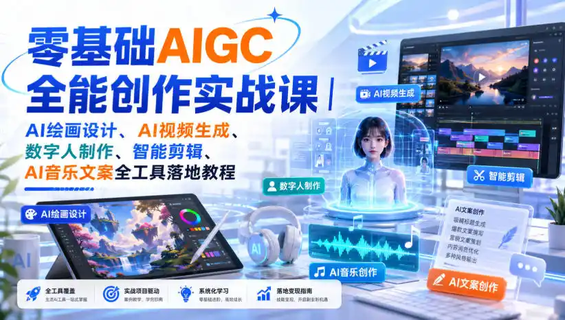 零基础AIGC全能创作实战课｜AI绘画设计、AI视频生成、数字人制作、智能剪辑、AI音乐文案全工具落地教程-二当家网创资源站